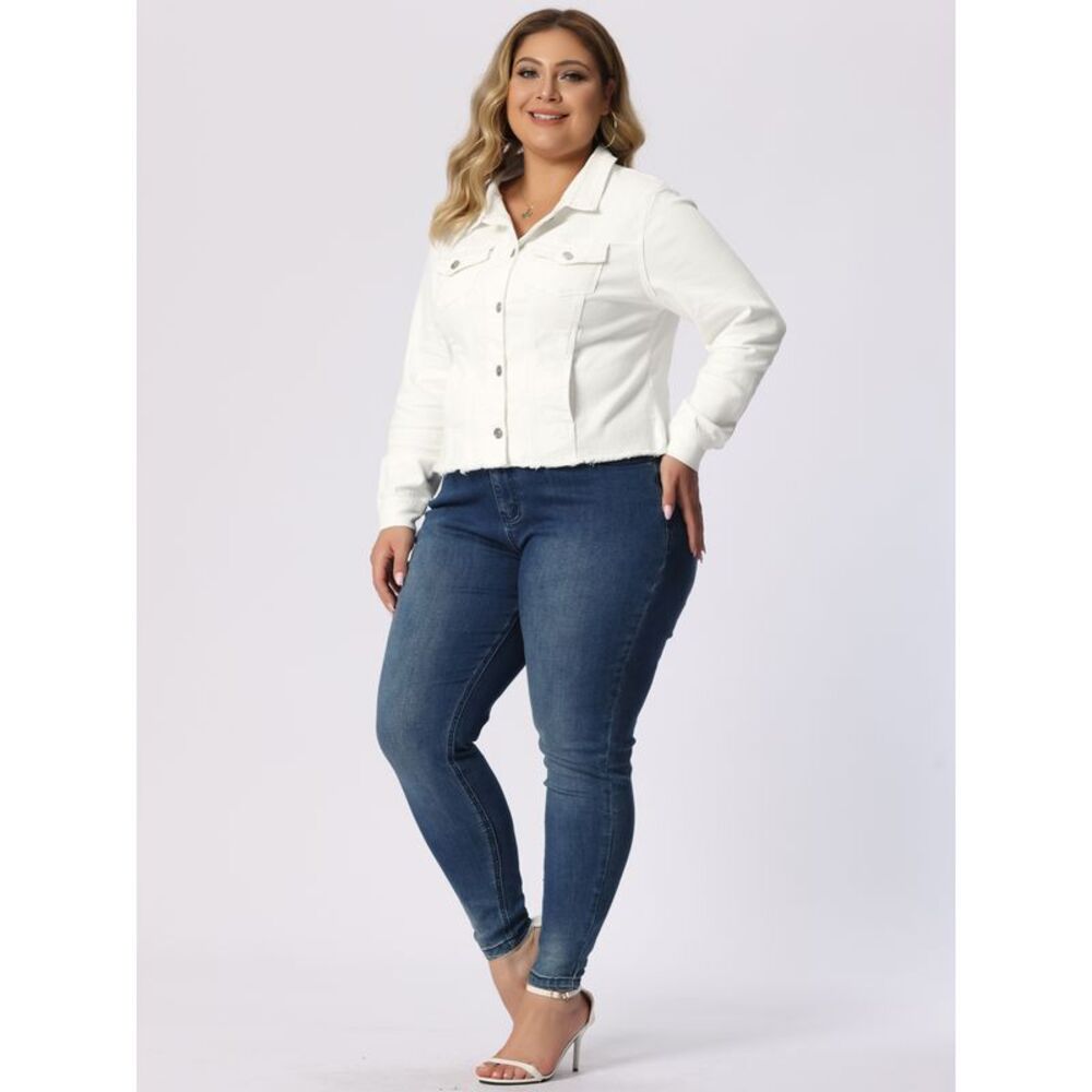 Women's Plus Size Classic Washed Front Frayed Denim Jacket White - Picture 3 of 5